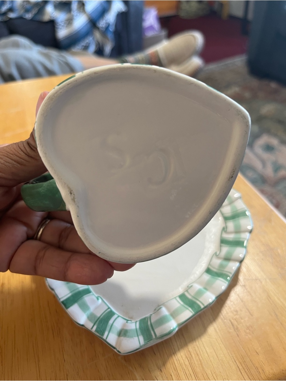 C&S Green Striped Heart Creamer and Saucer Set - Home Dining - Picture 3 of 5